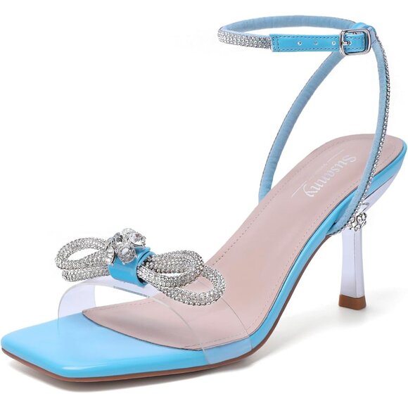 Women's Blue+bl Closed Toe Rhinestone Wedding Low Slingback Clear Kitten Heels - Picture 9 of 9